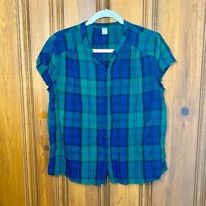 Old Navy Women’s Top Size Medium Button Up Kelly Green Blue Plaid